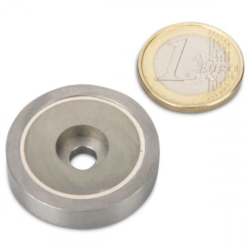 SmCo Magnete con base in acciaio Ø 32,0 x 7,0 mm, foro, acciaio inossidabile, 20 kg